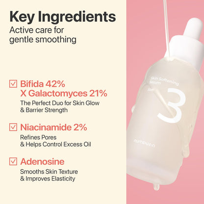 numbuzin No.3 Skin Softening Serum, Fermented Serum for Skin Texture & Pores, Bifida & Galactomyces, Niacinamide, Adenosine, Panthenol, Fragrance-Free, 1.69 fl oz (50ml)