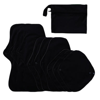Black Snaps Soft Adjustable Snaps Cloth Reusable Menstrual Pads - Reusable Sanitary Pads | Reusable Panty Liners | -9 pcs Three Size Cloth Sanitary Pad with 1 Bag(3331纯黑)