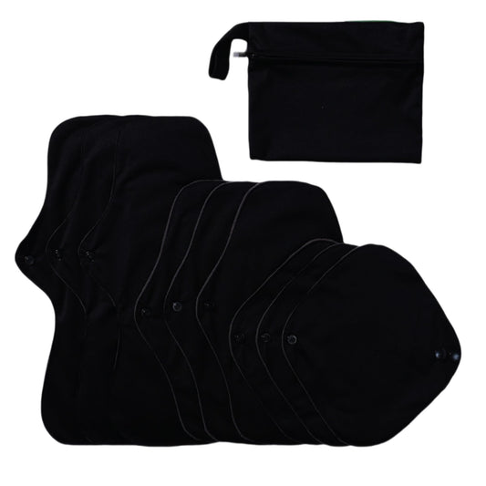 Black Snaps Soft Adjustable Snaps Cloth Reusable Menstrual Pads - Reusable Sanitary Pads | Reusable Panty Liners | -9 pcs Three Size Cloth Sanitary Pad with 1 Bag(3331纯黑)