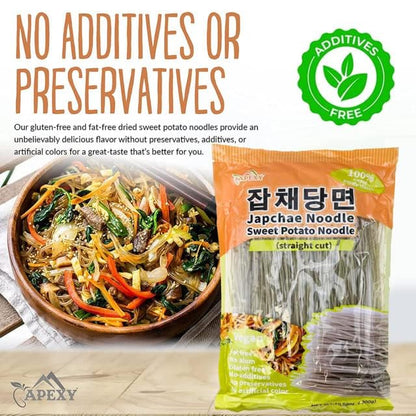 APEXY Sweet Potato Glass Noodles Straight Cut, Japchae Noodles, Korean Vermicelli Pasta, Fat-free and Gluten-free, 100% Sweet Potato Starch, No Additive, No Alum inside, 10.58oz