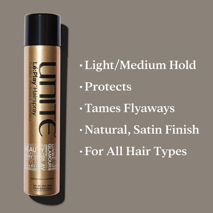 UNITE Hair - Lé:Play Hairspray – Flexible Light to Medium Hold Styling Spray – Brushable, Non-Flaking with Natural Satin Finish – Thermal Protection – 10 Oz