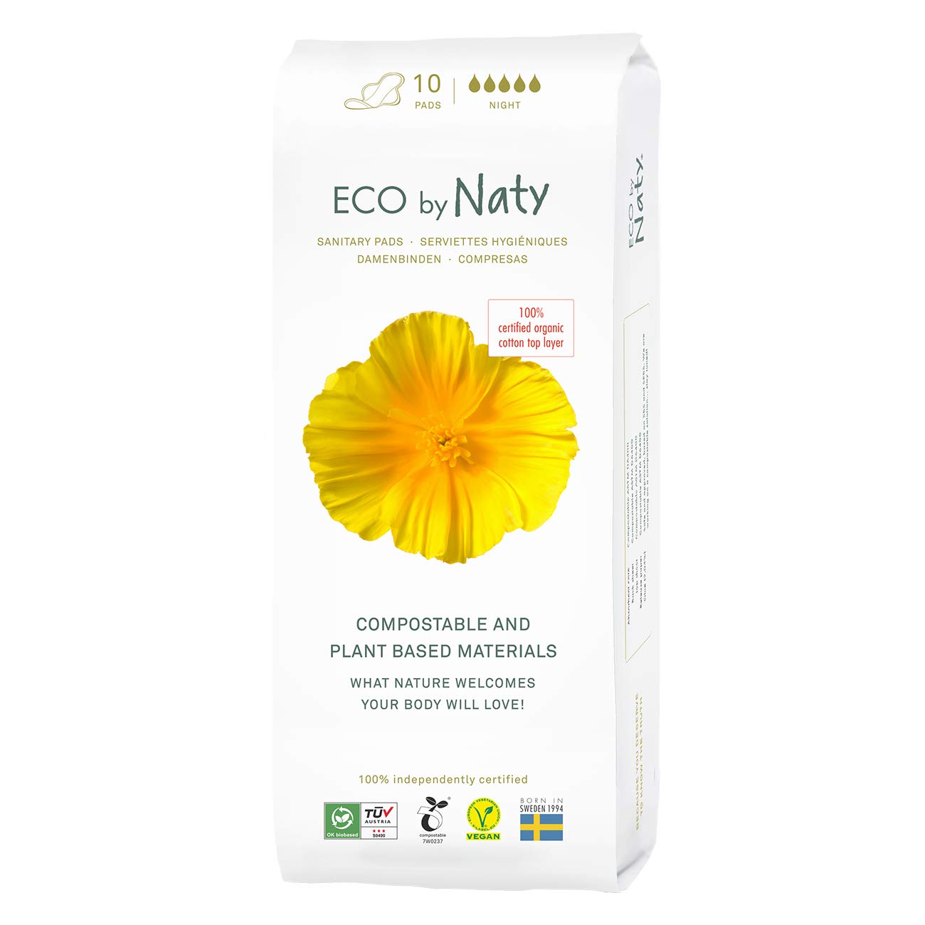 Naty Sanitary Pads Night – Plantbased and Absorbent Pads for Women, Organic Cotton Menstrual Product, Better for Feminine Health (10 Count)