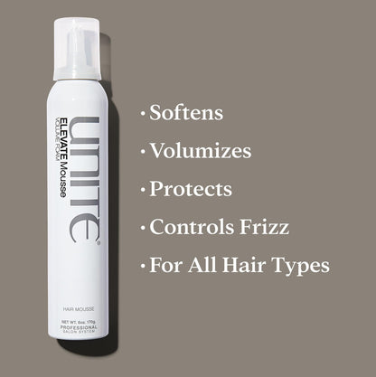UNITE Hair – ELEVATE Mousse – Weightless Styling Foam for Full-Bodied Volume, Shine & Flexible Hold – Frizz-Free Finish – UV & Thermal Protection – 6 Oz