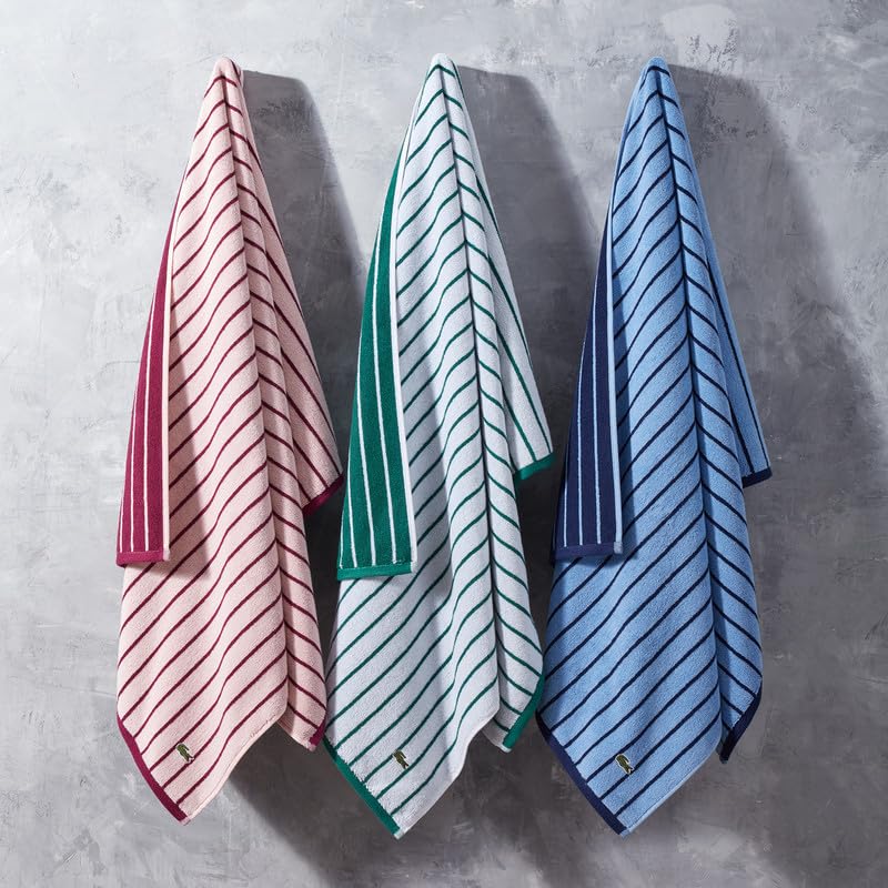 Lacoste Centre Mark Towel — 100% Soft Cotton Jacquard Stripe Design, Lightweight, Absorbent & Durable, Quick Drying, Pink, 13"x13" Wash Cloth