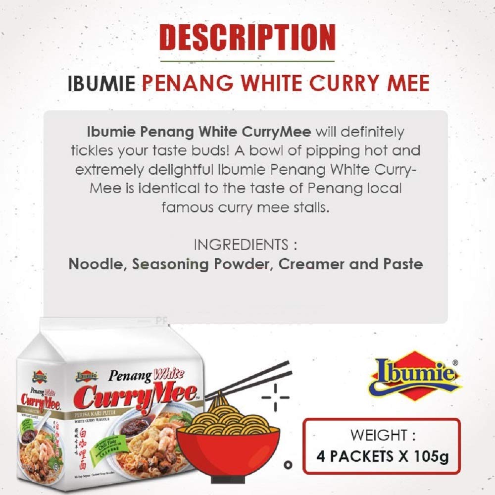 Ibumie Penang White Curry Mee / Fragrant & Spicy, Rich & Creamy Broth, Authentic Piping Hot Flavor from Food Heaven, Penang Malaysia (4 packets x 105g)