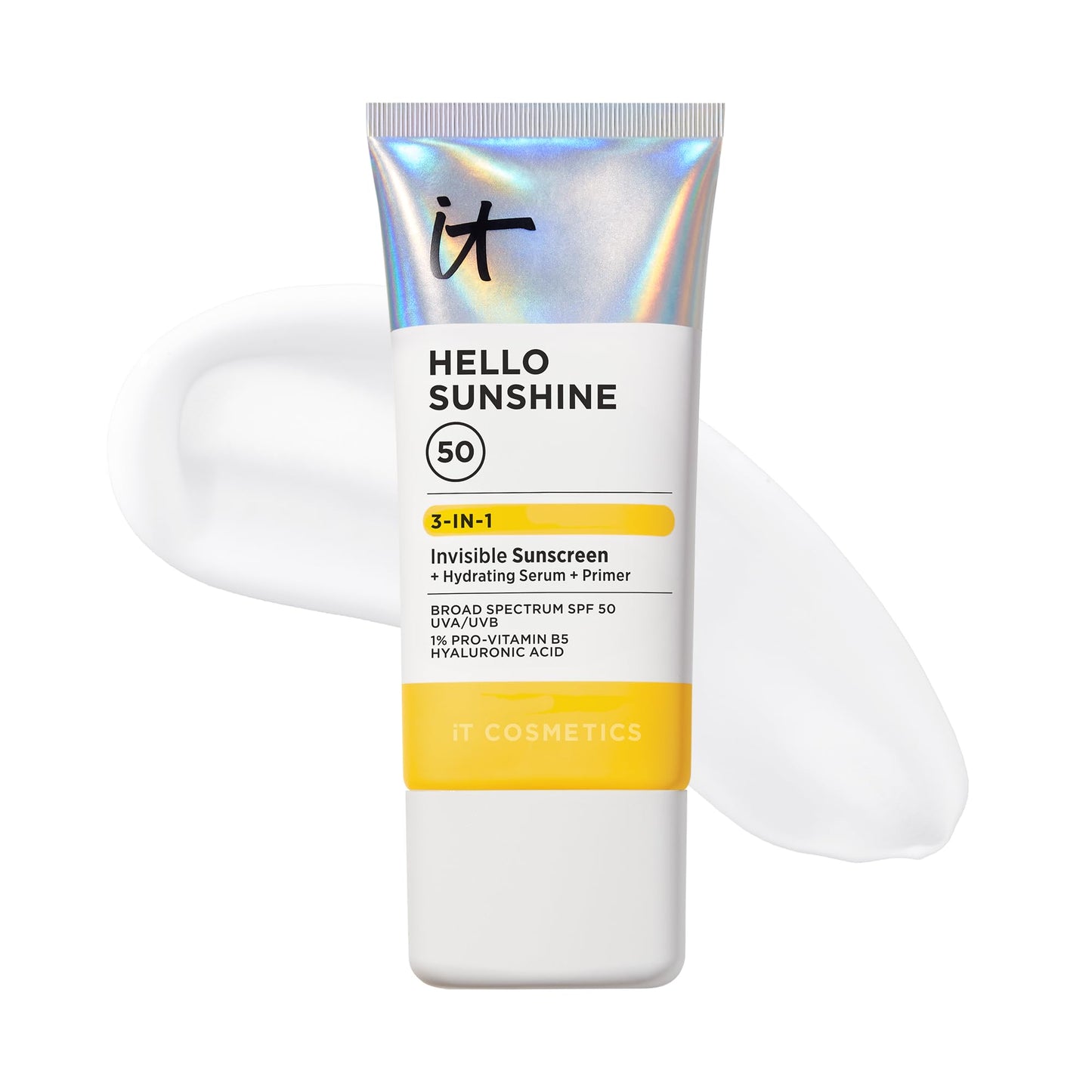 IT Cosmetics Hello Sunshine Invisible Sunscreen for Face SPF 50 - Sunscreen, Hydrating Serum & Makeup Primer - 1% Pro-Vitamin B5 & Hyaluronic Acid - HSA/FSA Eligible - No White Cast