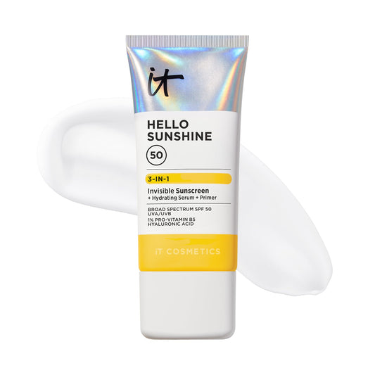 IT Cosmetics Hello Sunshine Invisible Sunscreen for Face SPF 50 - Sunscreen, Hydrating Serum & Makeup Primer - 1% Pro-Vitamin B5 & Hyaluronic Acid - HSA/FSA Eligible - No White Cast