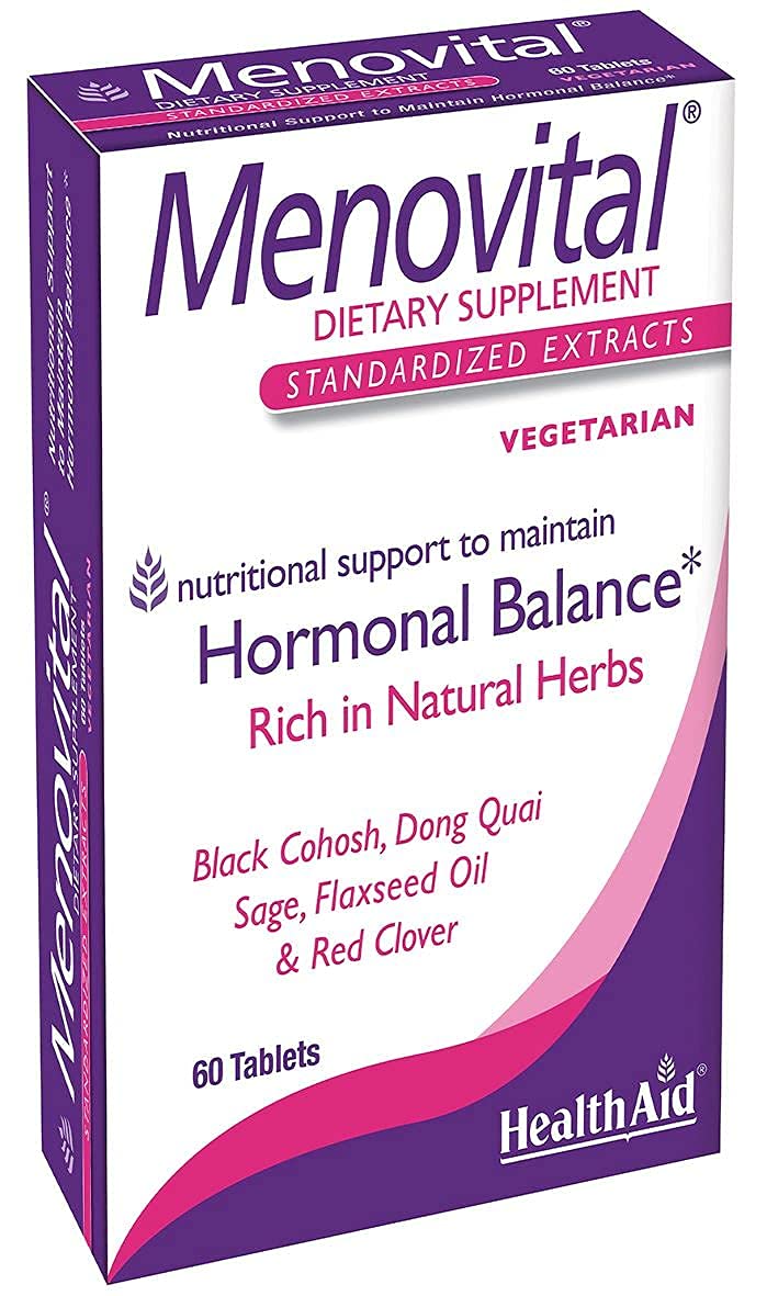 HealthAid Menovital – Twice-Daily Herbal Supplement for Hormonal Balance Support | 60 Vegetarian Tablets | Non-GMO & Gluten-Free