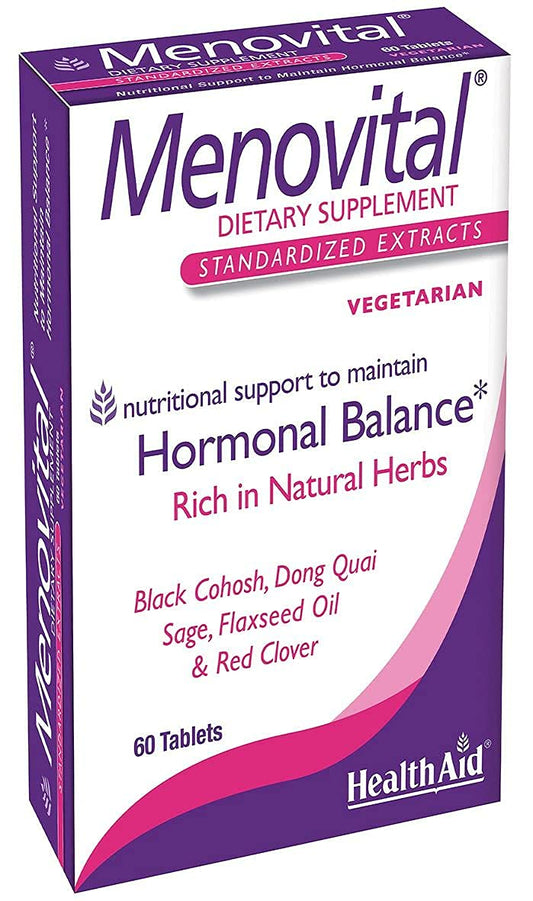 HealthAid Menovital – Twice-Daily Herbal Supplement for Hormonal Balance Support | 60 Vegetarian Tablets | Non-GMO & Gluten-Free
