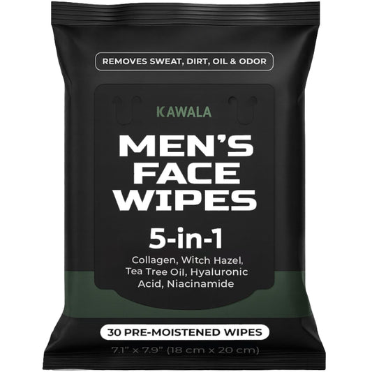 Mens Face Wipes 5-in-1 Anti-Aging Face Cleansing Sweat Wipes for Mens Skin Care with Collagen, Witch Hazel, Tea Tree Oil, Hyaluronic Acid, Niacinamide for Oily or Acne-Prone Skin Woodsy Scent