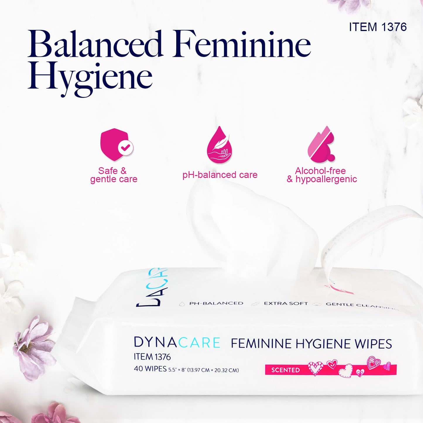 Dynarex HerCare Feminine Hygiene Wipes - 12 Pack, 40 Wipes per Pack - 5.5" x 8" pH-Balanced, Alcohol-Free, Hypoallergenic, Resealable Packs, Travel Essentials for Women