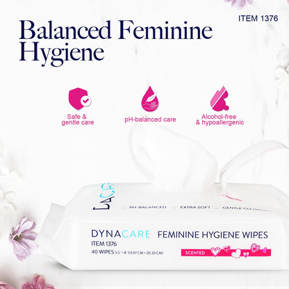 Dynarex HerCare Feminine Hygiene Wipes - 12 Pack, 40 Wipes per Pack - 5.5" x 8" pH-Balanced, Alcohol-Free, Hypoallergenic, Resealable Packs, Travel Essentials for Women