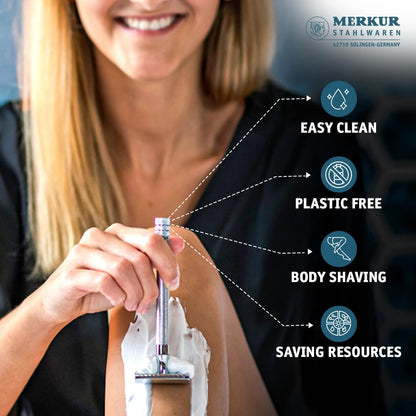 MERKUR 24C Safety Razor For Women with 10 Double Edge Blades | Extra Long Handle | Three-piece Razor | Straight Cut | Bright Chrome Finish | Made in Germany