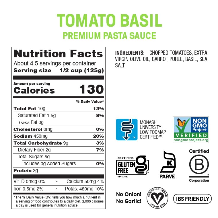 Fody Foods Tomato Basil Pasta Sauce, 19.4 Oz, Garlic and Onion Free, Low FODMAP Certified, Gut & IBS Friendly, Vegan, Non-GMO, Gluten Free, Kosher