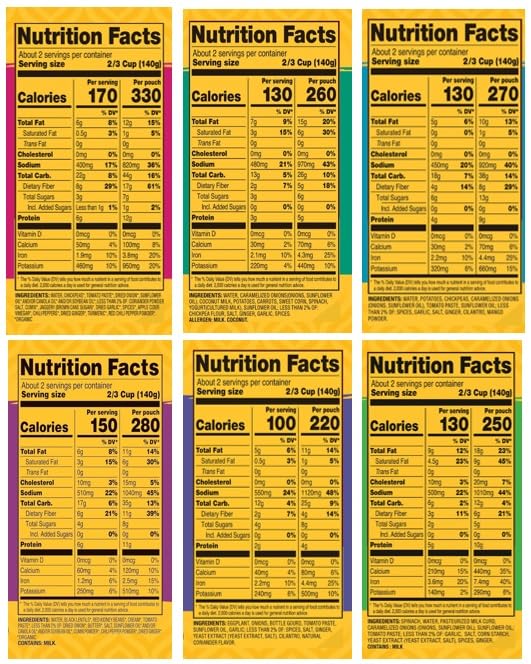 Tasty Bite Variety, Pack of 6, Bombay Potatoes, Kashmir Spinach, Punjab Eggplant, Channa Masala, Madras Lentils, Vegetable Korma