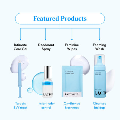 LACTOMEDI Bestie Box Intimate Care Kit – pH Balanced Feminine Hygiene Set with Intimate Care Gel, Foaming Wash, Deodorant Spray & Feminine Wipes for Daily Freshness