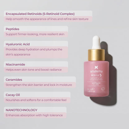 Sesderma RETI AGE 5 Serum 1.0 fl oz | Advanced Age-defying Liposomal Serum with 5 Encapsulated Retinoids, Peptides, Hyaluronic Acid & Barrier-Boosting Support | Smooths Wrinkles, Firms & Hydrates