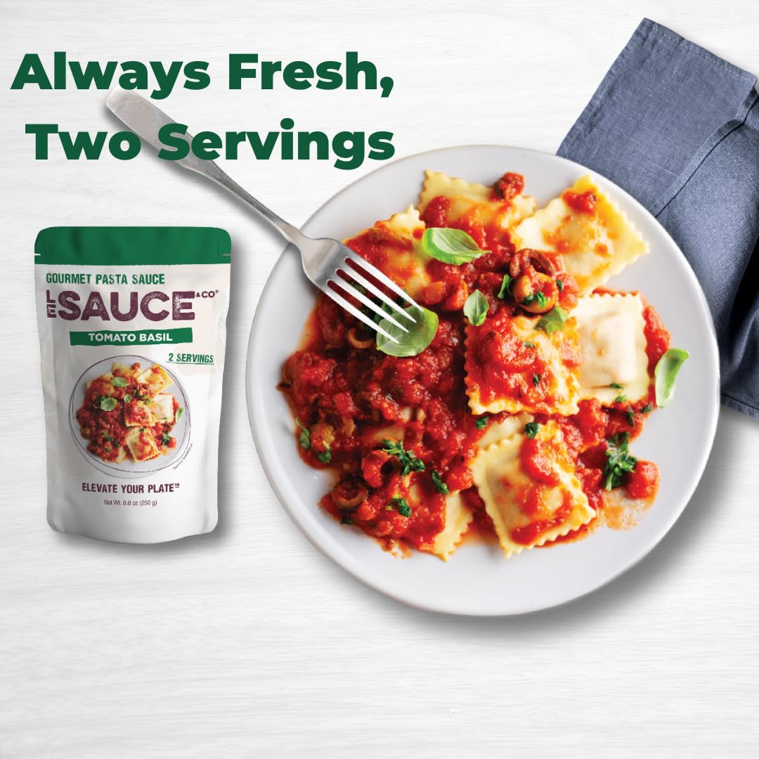Always Fresh, Two Servings, Tomato Basil Gourmet Pasta Sauce (2-pack), Le Sauce & Co. Imported Italian San Marzano Tomatoes, Tomato Sauce, All Natural, Low Sugar, Fresh Basil, Light Tomato Sauce