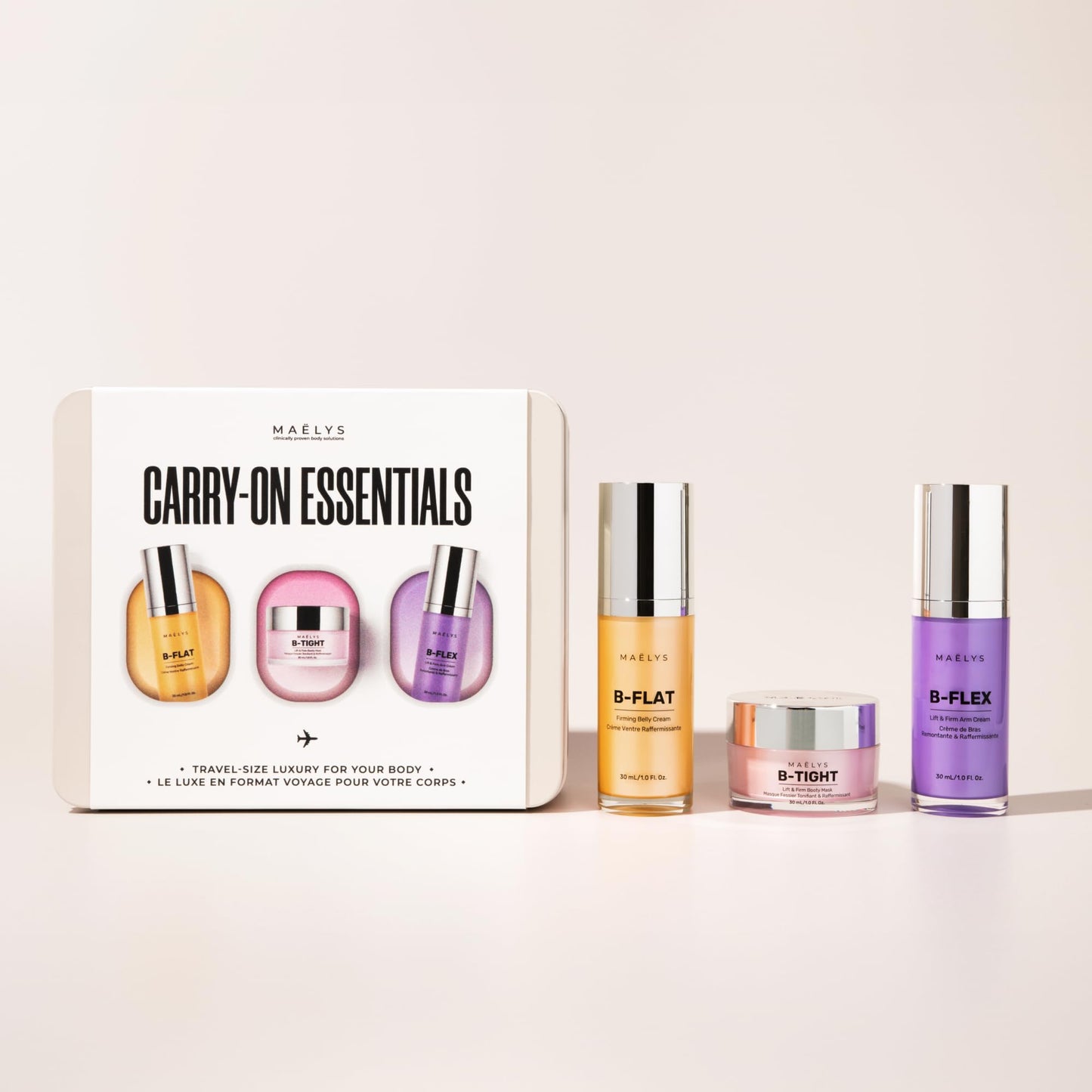 MAËLYS CARRY-ON ESSENTIALS - Firming Cream Trio for Booty, Belly & Arms - Includes B-TIGHT, B-FLAT & B-FLEX Travel Minis - Helps Improve the look of Stretch Marks & Cellulite (1.0 Fl Oz)