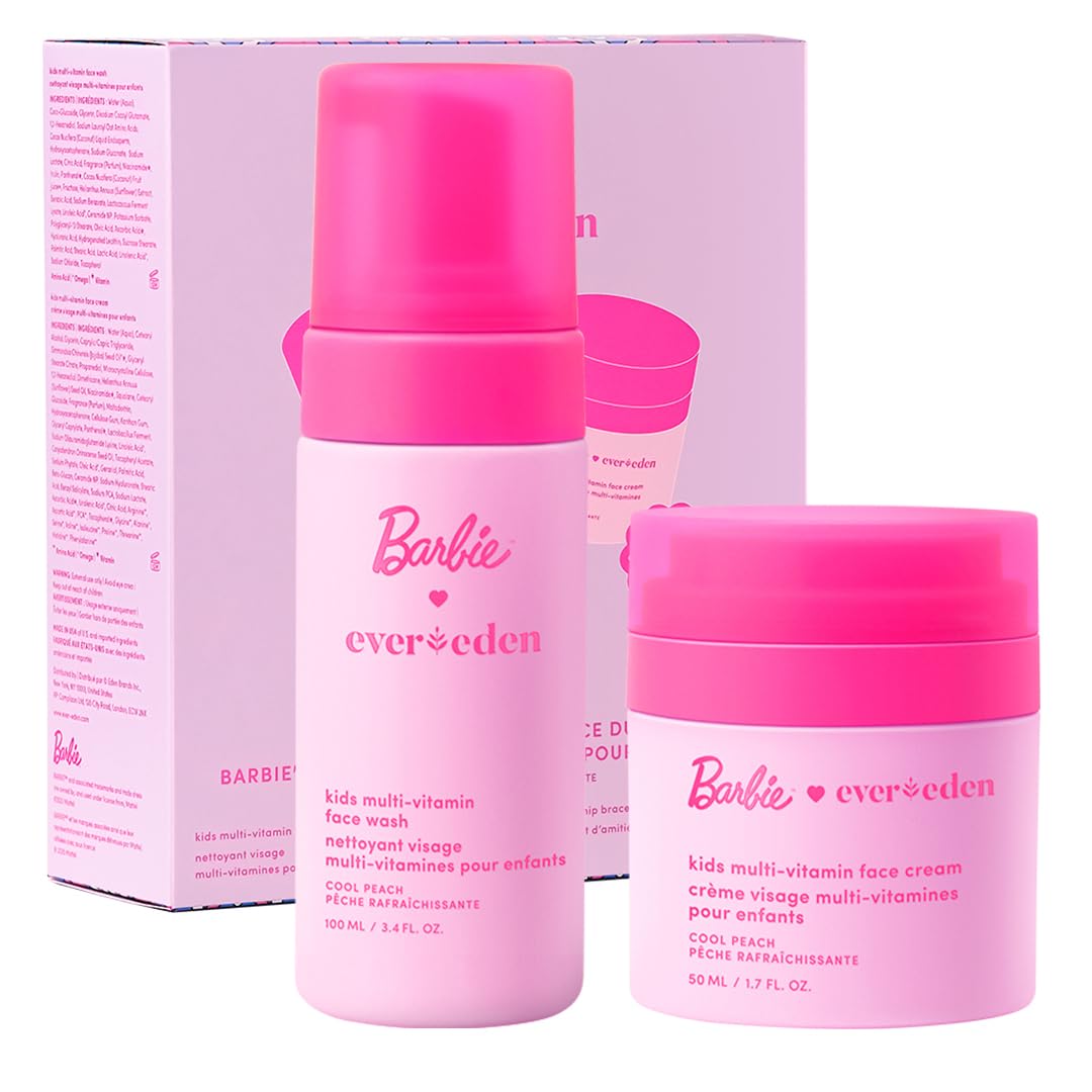 Evereden Barbie Limited Edition Kids Happy Face Duo + Exclusive Accessories | Multi-Vitamin Face Wash & Cream Set with Stickers + Bracelets | Clean Skin Care for 3+ | Barbie Gift Box for Kids
