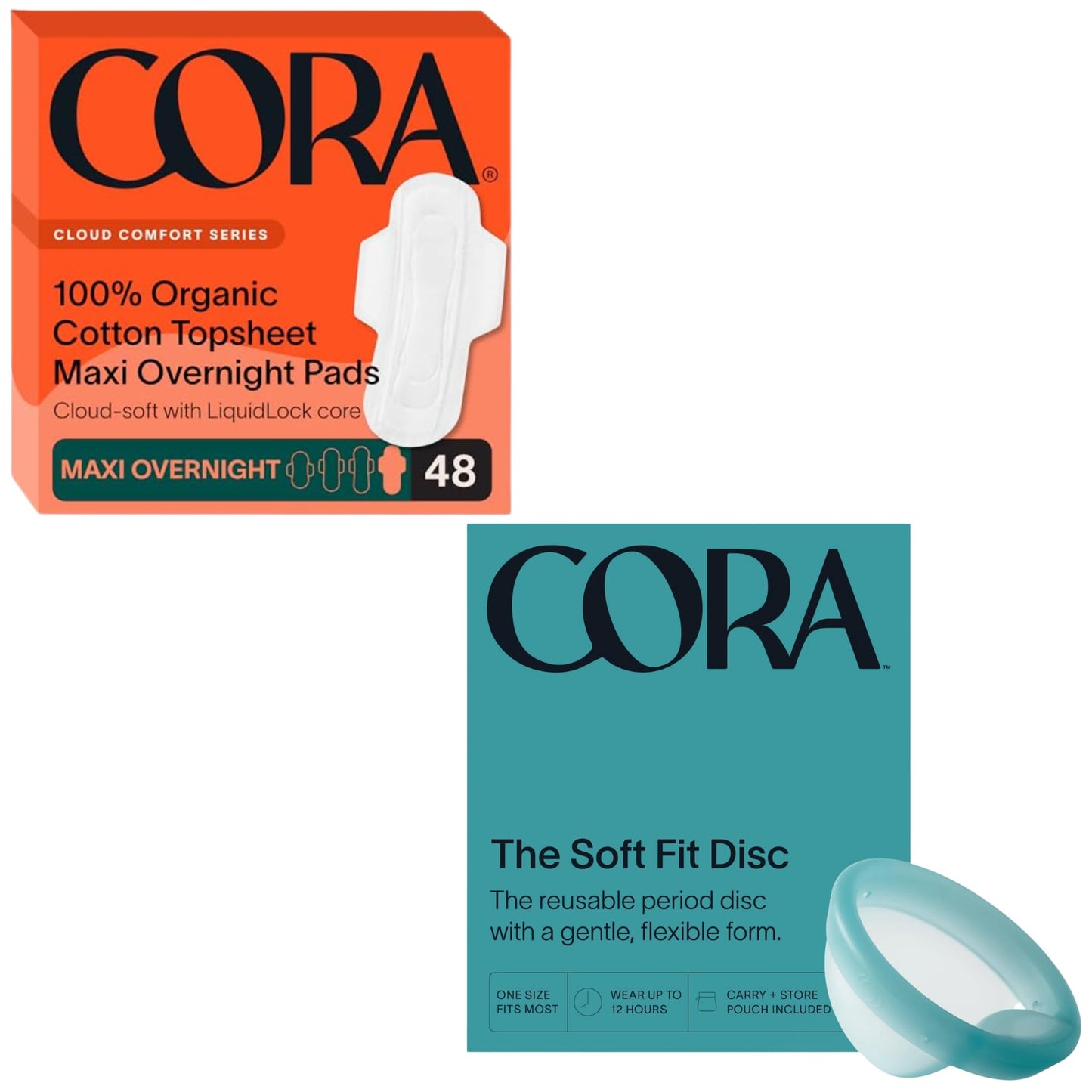 Cora Organic Feminine Care | 48 Maxi Overnight Pads with Wings and a Reusable, Soft Menstrual Disc | Medical Grade Silicone | Eco-Conscious | Bundle Pack
