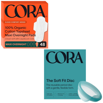 Cora Organic Feminine Care | 48 Maxi Overnight Pads with Wings and a Reusable, Soft Menstrual Disc | Medical Grade Silicone | Eco-Conscious | Bundle Pack