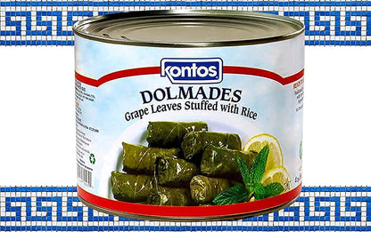 Kontos Dolmas Stuffed Grape Leaves with Rice • Bulk 4lbs•60 Dolmades Per Can-(Perfect appetizers on a Mezze Platter-Charcuterie Board-w/ hummus, tzatziki sauce or dip)-Ready To Eat-Kosher-Vegan Snacks On The Go