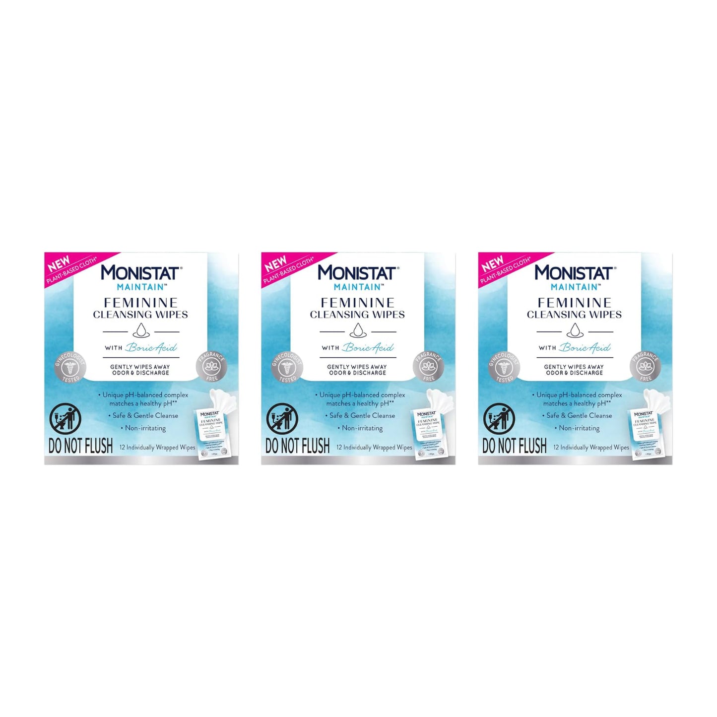 Monistat Maintain Feminine Wipes for Feminine Care, Fragrance Free, 12 CT (Pack of 3)