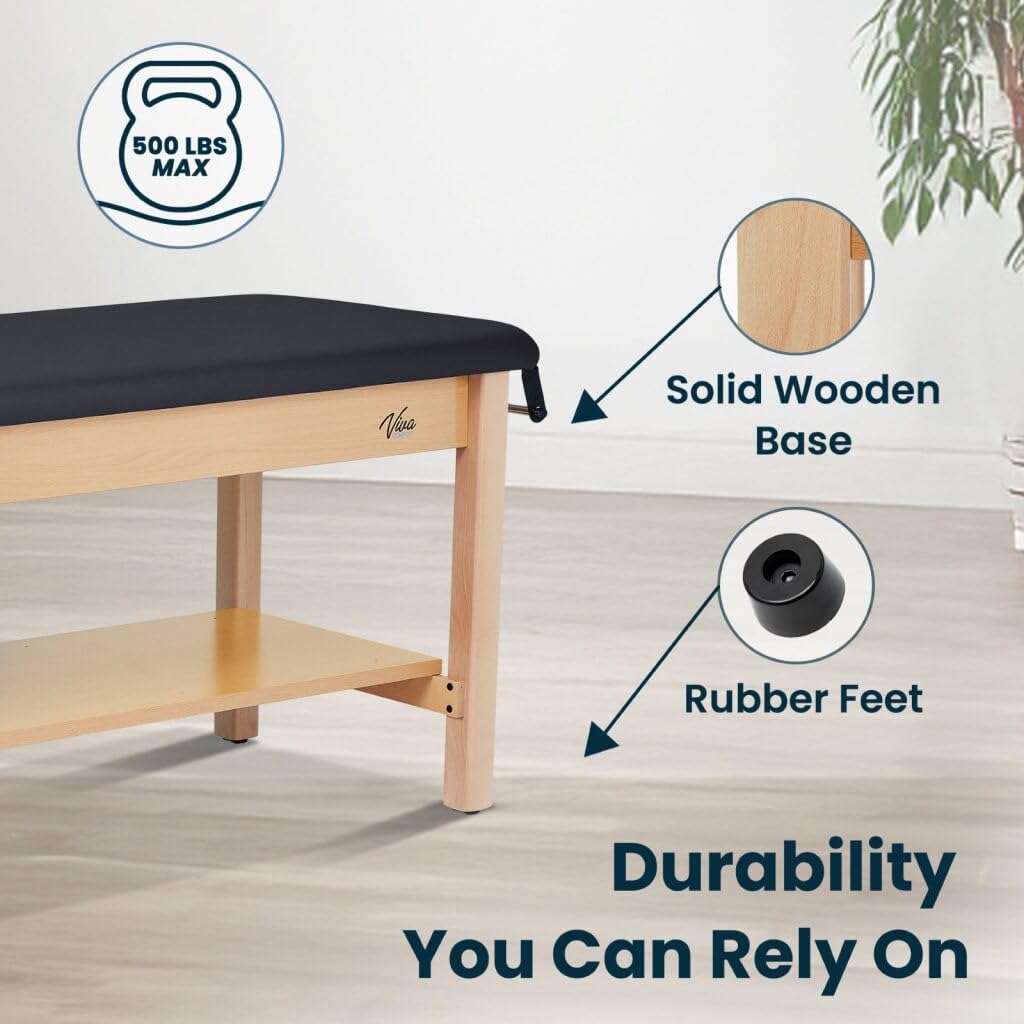 Aristo H-Brace Wooden Flat Treatment Table with Shelf and Drawers, 500 lbs Weight Capacity, Black