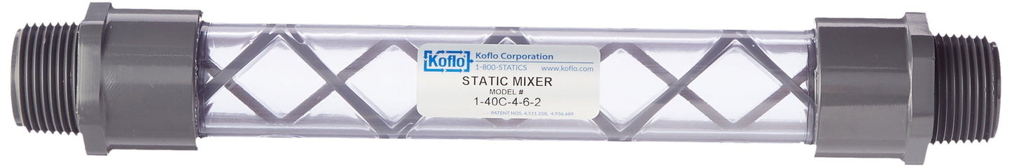 Koflo 1-40C-4-6-2 Clear PVC Schedule 40 Pipe Static Inline Mixer; 1" NPT(M), 6 Elements