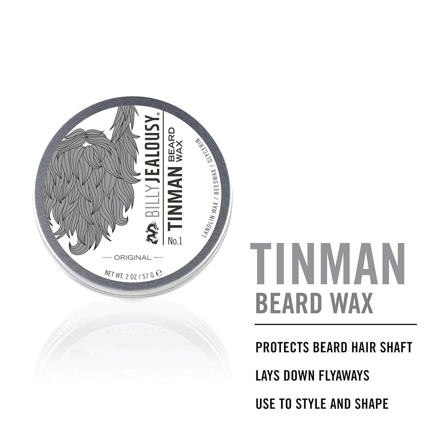 Billy Jealousy Tinman Beard Wax with Light Hold & Matte Finish, Nourishing Beard Care Product Formulated with Natural Beeswax & Glycerin for Soft, Tamed Facial Hair, 2 Oz