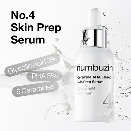 numbuzin No.4 Ceramide AHA PHA Glazed Skin Prep Serum, Gentle Exfoliating Serum with Glycolic Acid & PHA for Smooth Texture & Glass Skin Glow, 1.01 fl oz