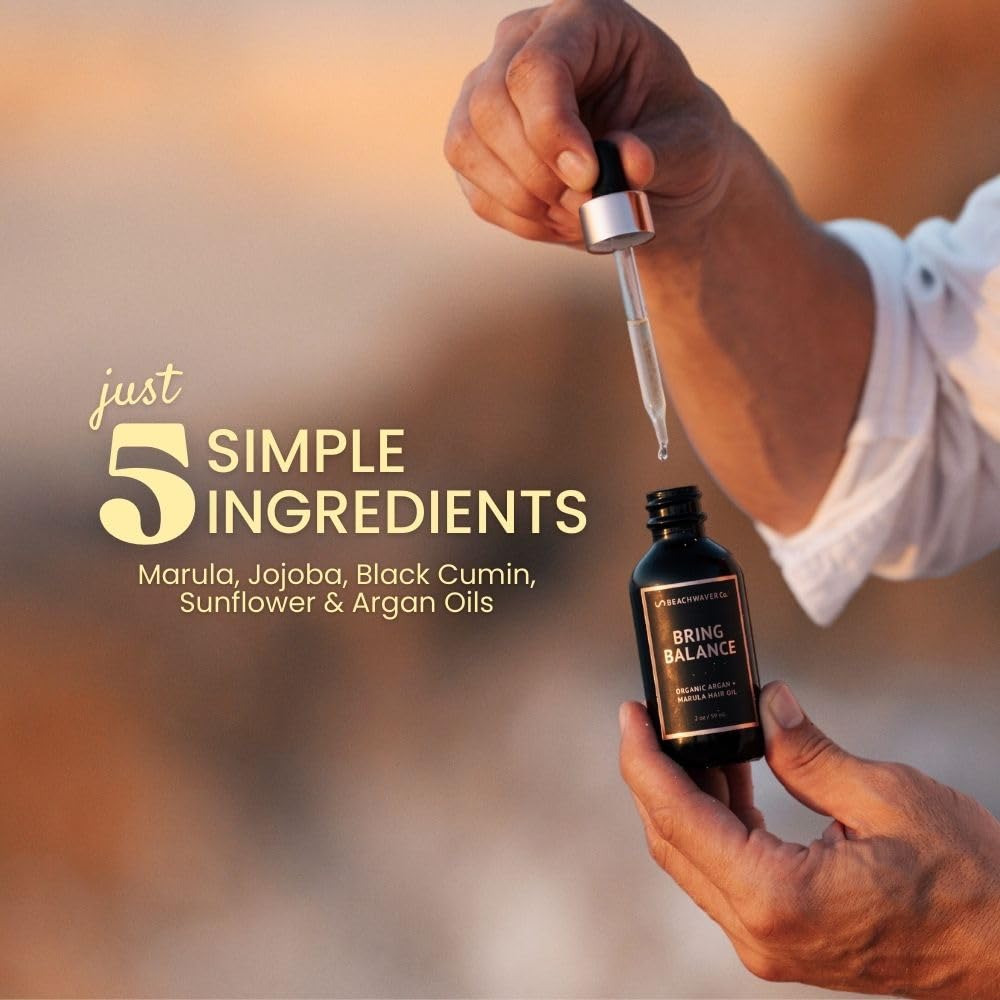 The Beachwaver Co. Bring Balance Organic Argan & Marula Hair Oil (2 Oz) | Vegan, Fragrance-Free Hair Oil Treatment | Only 5 Ingredients: Marula, Jojoba, Black Cumin, Sunflower & Argan Oils