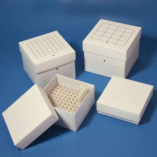 Globe Scientific 3094Y-1 Freezing Box, Cardboard, 64-Place (8 x 8 Format), Fits 3.0 mL, 4.0 mL and 5.0 mL CryoClear Vials, 3" Size, 2.5 mm Height, 5 mm Wide, 5 mm Length, Cardboard, Yellow