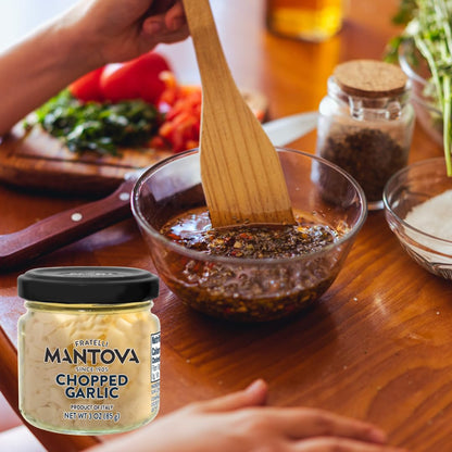 Mantova Chopped Garlic in Oil, 3 oz (85g),- Pack of 3, Product of Italy – Ready to Use Minced Garlic for Cooking, Pasta, Sauces & Marinades – Glass Jar, All-Natural, Non-GMO, Gluten-Free, Cholesterol-Free, Vegan-Friendly