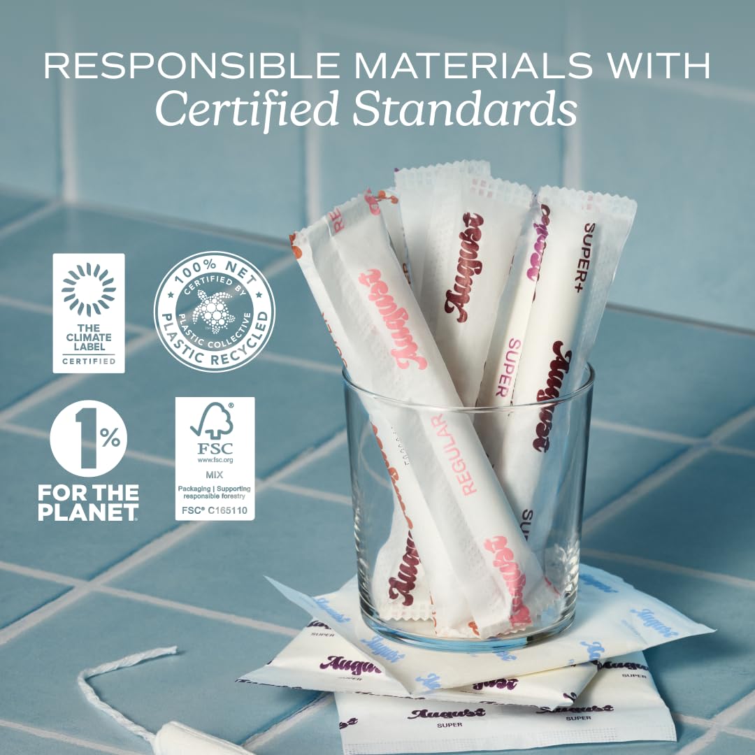 August Regular Tampons - 24-Pack 100% Organic Cotton Tampons for Women and Anyone Who Menstruates, Non-Toxic, Fragrance-Free, and Hypoallergenic with Long Applicators