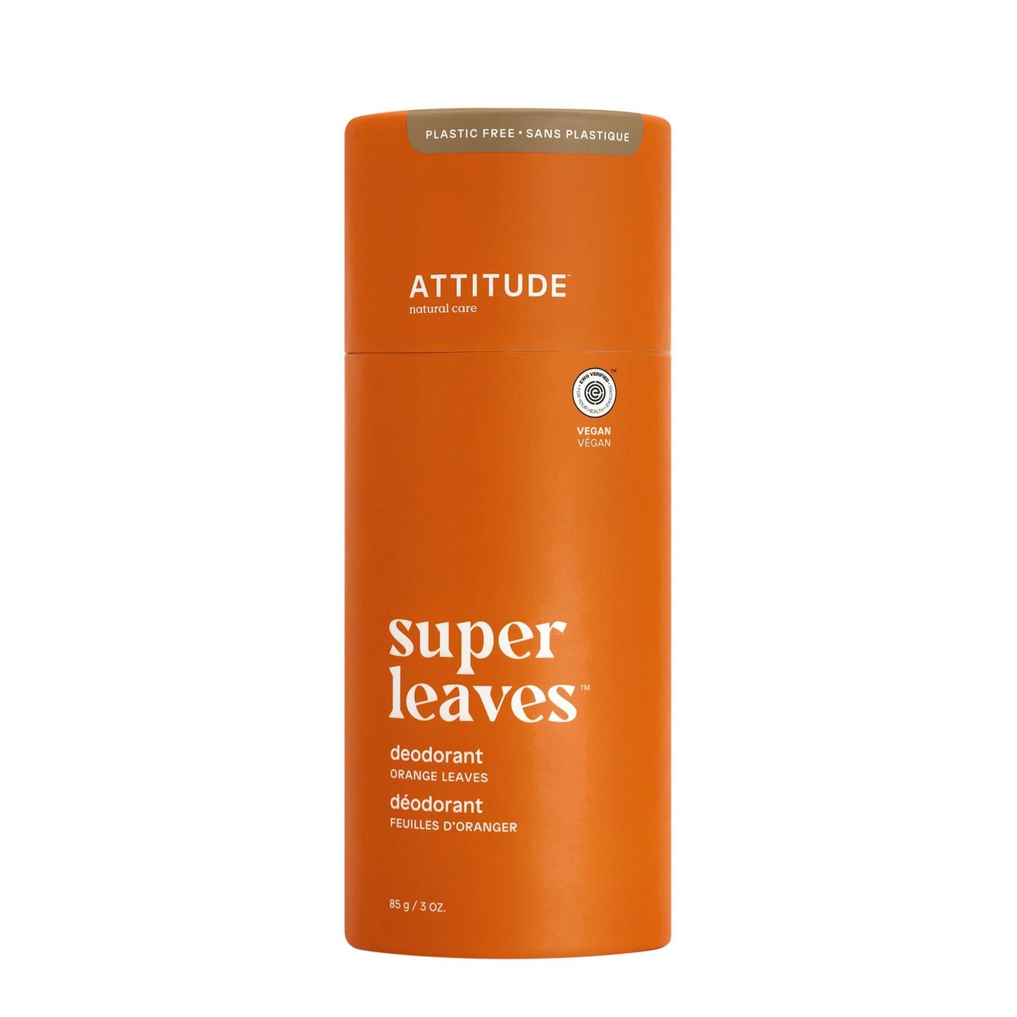 ATTITUDE Plastic-Free Deodorant, EWG Verified, Aluminum Free, Vegan Naturally Sourced Body Deodorants for Women & Men, Dermatologically Tested, Orange Leaves, 3 Ounces
