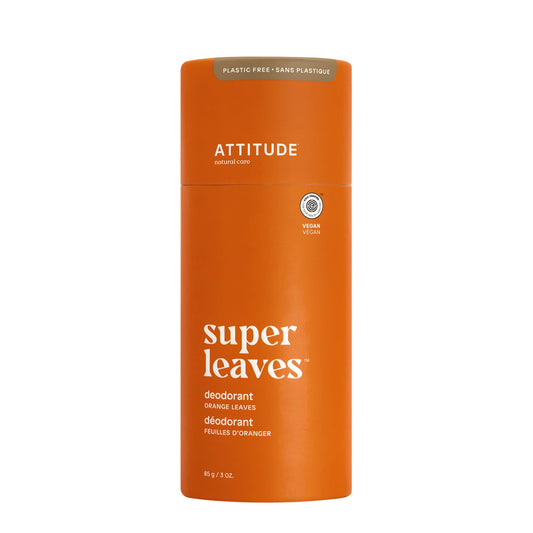 ATTITUDE Plastic-Free Deodorant, EWG Verified, Aluminum Free, Vegan Naturally Sourced Body Deodorants for Women & Men, Dermatologically Tested, Orange Leaves, 3 Ounces