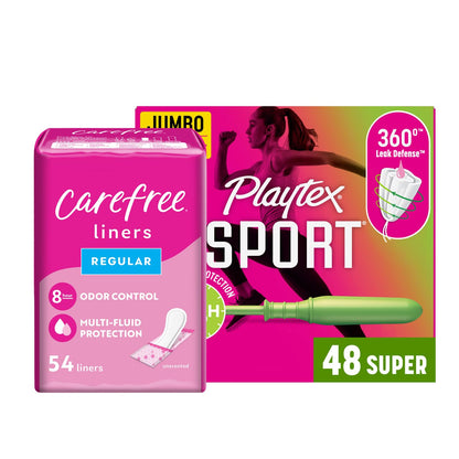 Playtex Sport Tampons, Super Absorbency, Fragrance-Free - 48ct & Carefree Panty Liners, Regular Liners, Wrapped, Unscented, 54ct (Packaging May Vary)