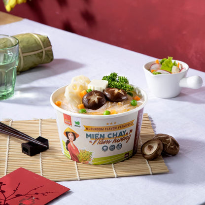 SIMPLY FOOD Instant Mushroom Glass Noodles (Miến Chay Nấm Hương) - 9 BOWLS/ 55g each – Delicious, Clear Glass Vermicelli Noodles in a Flavorful Vegetarian Mushroom Broth