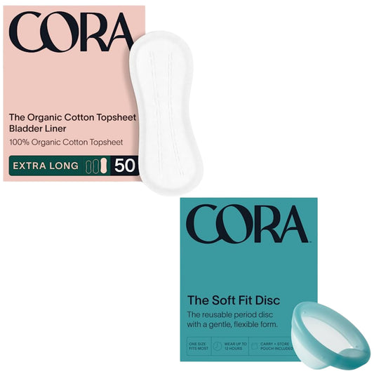 Cora Organic Feminine Care | 50 Extra Long Bladder Liners (Incontinence & Postpartum Pads) and a Reusable, Soft Menstrual Disc | Medical Grade Silicone | Eco-Conscious | Bundle Pack