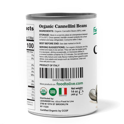 Food to Live Organic Italian Canned Cannellini Beans, 14 oz (Pack of 4) - Unsalted Non-GMO White Kidney Beans. Good Source of Fiber and Protein