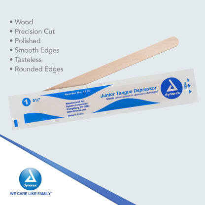 Dynarex Tongue Depressors, Sterile, 5.5" Junior-Sized Length, Made from Beige Birch Wood, Comes in Boxes of 100, 1 Case of 1000