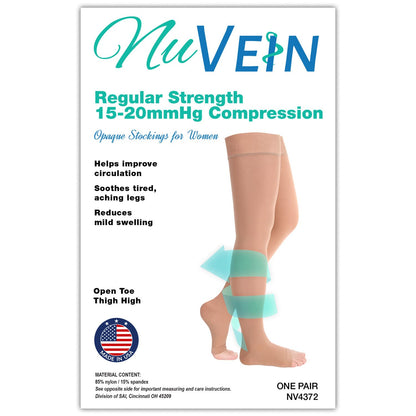 NuVein Medical Compression Stockings, 15-20 mmHg Support, Soft Comfort Microfiber, Thigh Length, Open Toe, Beige, Medium