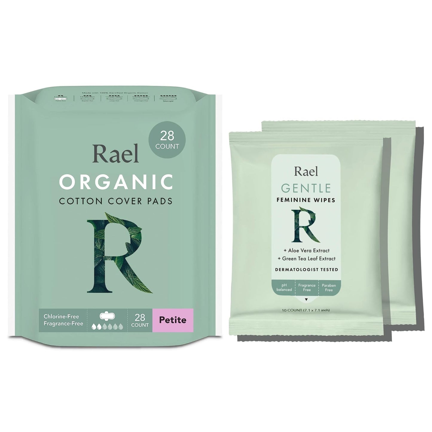 Rael Period Care Bundle - Organic Cotton Cover Petite Pads (28 Count) & Flushable Feminine Wipes (20 Count)