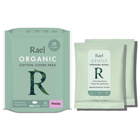 Rael Period Care Bundle - Organic Cotton Cover Petite Pads (28 Count) & Flushable Feminine Wipes (20 Count)