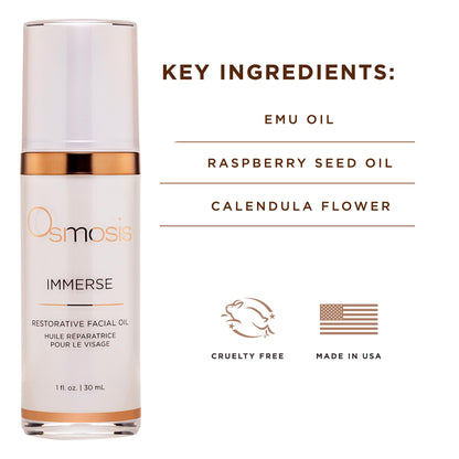 OSMOSIS IMMERSE Restorative Hydrating Facial Oil with Emu and Raspberry Seed Oil, and Calendula Flower, 1 fl oz