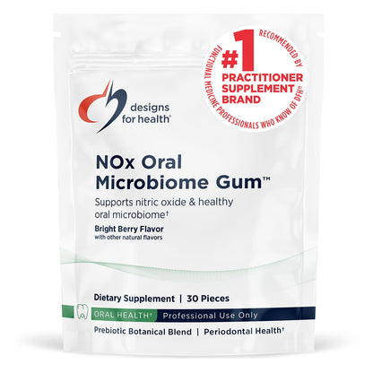 Designs for Health NOx Oral Microbiome Gum, Bright Berry - Nitric Oxide Booster Chewing Gum, Prebiotic Blend & Vitamin C - Vegan, Sugar Free (30 Pieces)