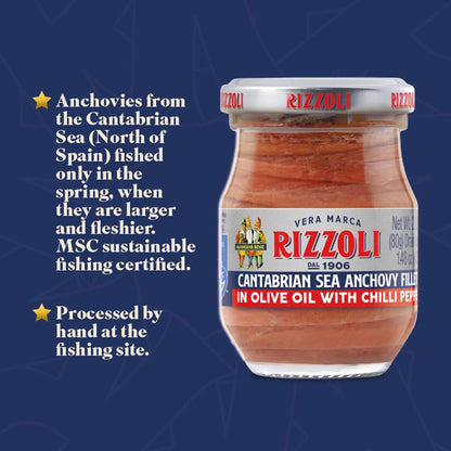 MANGIAR BENE RIZZOLI – Anchovies Fillets in Olive Oil & Chilli Pepper – 2.82oz Jar. (MSC-Certified Sustainable Seafood, From The Cantabrian Sea)