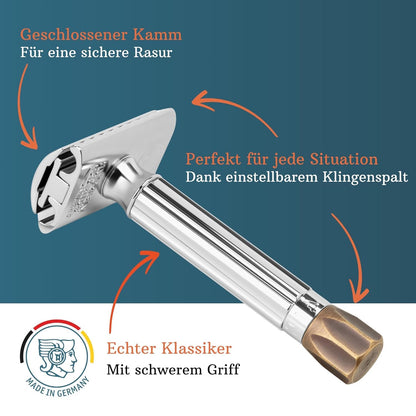 MERKUR Adjustable Safety Razor 500C - Antique, Shiny Chrome/Brass, Two-Piece Premium Razor with Straight Cut, Ideal for Wet Shaving, Die-Cast Zinc, Brass Handle, Made in Germany